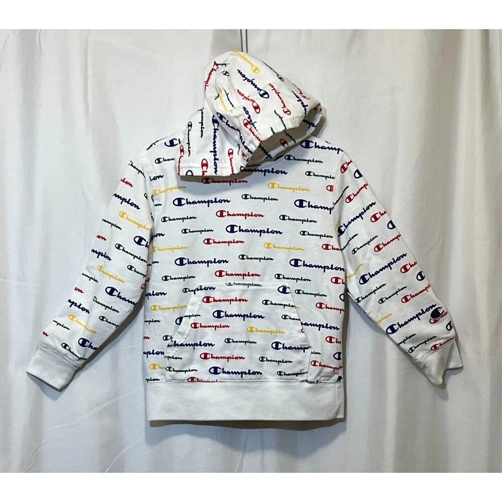 Champion Fleece Hoodie Boys Size 5 White Multi-Color Print Pullover